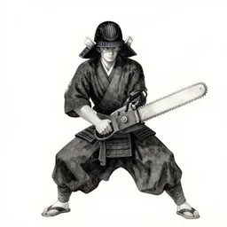 samurai wielding a chainsaw, black and white watercolor