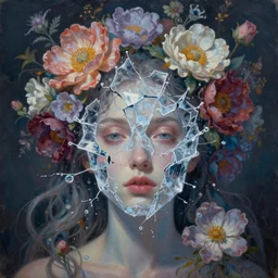 a surreal oil painting of a woman portrait her face covered by ice breaking through blooming flowers, her hair covered by fantasy mystic flowers fantasy conceptual art, sharp focus, trending on artstation, hyperdetailed, 4 k, illustration
