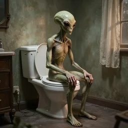 HP Lovecraft alien sitting on the toilet. Color photograph.