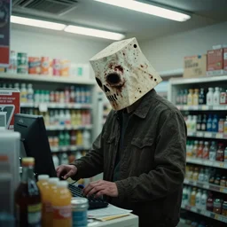 Pyramid Head from Silent Hill working at a convenience store, cinematic, gloomy, horror, cinestill 400t film