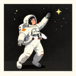 ( ( dither ) ), editorial illustration of a young astronaut girl reaching for the stars, colorful modern, mads berg, karolis strautniekas, ( ( christopher balaskas ) ), fine texture, dynamic pose, detailed, matte print, muted color, lomography, dramatic lighting, ( ( risograph ) ), strong shadow, contrast