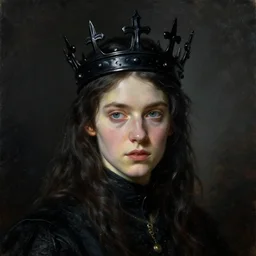 The portrait of Hunter Schafer Jules Vaughn !!!!!!!!!!!!!!!!!!!!!!!!!!!! in black wax crown by John William Waterhouse, dark fantasy, witcher, very detailed oil painting, masterpiece, 8k