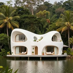 cozy organic architecture white house designed by mc escher, ( ( floating ) ) on top of a lake, tropical jungle background, day time, warm colors