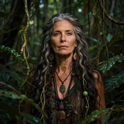 portrait of a mysterious beautiful mature woman surrounded by plants and vines in the jungle, spirit of ayahuasca, art by christophe vacher
