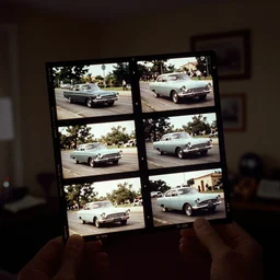movie film negatives of a 1 9 6 0's car chase scene, held up to a light in a dimly lit room, extreme detail, real photo, real camera, at 8 k, hd