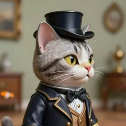 closeup profile portrait of a tin toy cat dressed as a victorian gent, nicoletta ceccoli, mark ryden, lostfish, max fleischer, depth of field, detailed and intricate environment, 8 k resolution, hyperrealistic, octane render