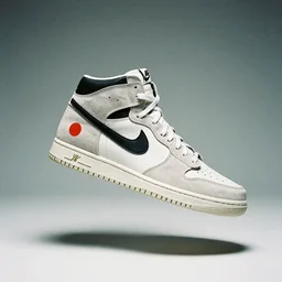 a studio photoshoot of A floating Nike high top sneaker designed by Virgil Abloh, leather and suede, Off-White, realistic, color film photography by Tlyer Mitchell, 35 mm, graflex