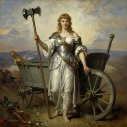 A warrior woman holding a long warhammer and a wagon wheel, fantasy concept oil painting by Eugène Delacroix