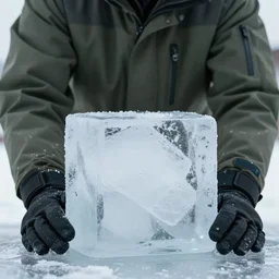 cube of ice. wearing a green jacket