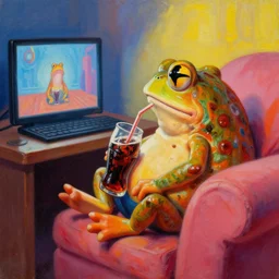 hyper realistic oil painting of toad watching pc movie drink coke and chill on the couch, vibrant colors, high contrast, by greg rutkowski, trending on artstation, cartoonist, caricaturist