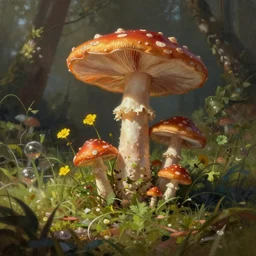 beautiful digital matter cinematic painting of whimsical botanical illustration of buttercups mushrooms whimsical scene by greg rutkowki and alena aenami artstation