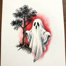 tattoo of a ghost with a tree next to it watercolor, white, red and black ink strokes detailed, hyperrealistic trending on artstation