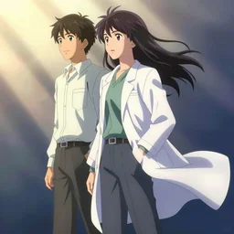 Kurisu Makise in flowing lab coat by Akihiko Yoshida and Makoto Shinkai, with backdrop of god rays