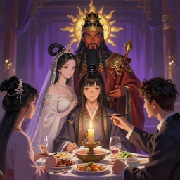 a cinematic portrait of wedding photograph jpeg close up moment of a divine a china sun god and moon goddess lovers magician at a wedding banquet, wuling medieval china, portraiture. digital painting. artstation. concept art. wedding photo. digital painting. violet evergarden art masterpiece by art by krenz cushart