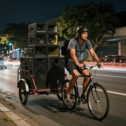 a photo of a cool person riding a bicycle pulling a trailer with a massive sound system on it, night, street, light trails