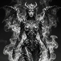 detailed black and white 3 d render of beautiful fantasy dragon queen made of iridescent smoke, dark fantasy, sharp focus, vibrant, vivid, magical shiny skin, symmetry, highly detailed, 4 k digital painting, detailed skin, crystal, magical, raytracing, plasma, artistic, concept art by artgerm, alphonse mucha, unreal engine render