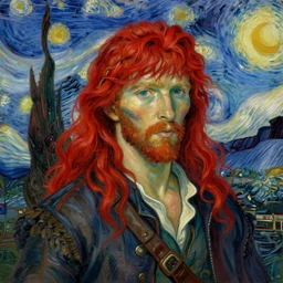 an epic fantasy comic book style portrait painting of a long haired, red headed male sky - pirate in front of an airship in the style of vincent van gogh