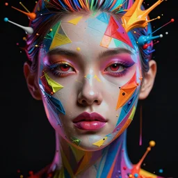 maximalist splatter paint of a future woman face as colorful geometric patterns, intricate, volumetric dramatic light, dark black background, sharp focus, highly realistic, octane render