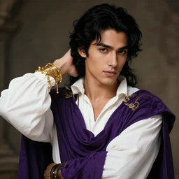 a portrait of a male version of esmeralda from hunchback of notre dame, young adult, black elegant hair, white shirt, elegant clothing, handsome, medieval purple garb, he is wearing golden bracelet and jewelry, style by donato giancola, wayne reynolds, jeff easley dramatic light, high detail, cinematic lighting, artstation, dungeons and dragons