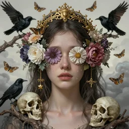 ornate, intricate, young, beautiful, woman, realistic portrait, sadness, tears, ethereal, flowers covering eyes, skulls, soft clean focus, art by emil melmoth, gustave dore, craig mullins, yoji shinkawa, art germ, pete morbacher, david lynch, hyper detailed, high detail, artstation, hyperrealistic, unreal engine 5, ravens, branches, ghost, clouds, colors, moths, gold, morbid headpiece,