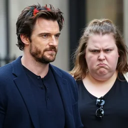 obese rainbow color hair henry cavill, standing next to very obese angry feminist, real photograph on the street, close up shoulder height shot