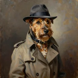detective Irish terrier wearing a fedora and a Trenchcoat, oil painting, majestic, beautiful
