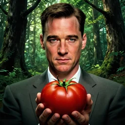 forest gump starring tom hank sas a tomato, his skin is red with leafy green hair, pickle rick, dramatic lighting, tom hanks tomato face, shaded lighting poster by magali villeneuve, artgerm, jeremy lipkin and michael garmash, rob rey and kentaro miura style