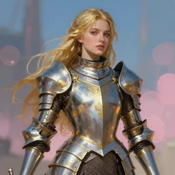 the great beyond, beautiful woman in knights armor, sharp focus, intricate, elegant, digital painting, artstation, matte, highly detailed, concept art, illustration, volumetric lighting, gold and blue and pink color scheme, bokeh light, art by greg olsen and liz lemon swindle