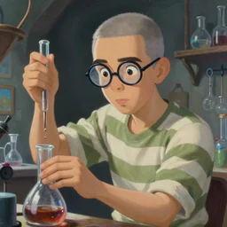 An epic fantasy comic book style portrait painting of a !young man in a laboratory, very expressive, buzz cut gray hair,  !!NO GLASSES, round face, wearing a shirt with horizontal stripes, handling laboratory equipment, character design by Mark Ryden and Pixar and Hayao Miyazaki, unreal 5, DAZ, hyperrealistic, octane render, cosplay, RPG portrait, dynamic lighting, intricate detail, summer vibrancy, cinematic