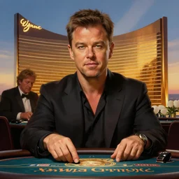 Matt Damon gambling in Las Vegas Wynn hotel, sigma male, accurately portrayed, portrait art by alphonse mucha and greg rutkowski, highly detailed, digital painting, concept art, illustration, dim lighting with twilight rays of sunlight, trending on artstation, very detailed, smooth, sharp focus, octane render, close up