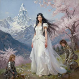 oil painting by ilya kuvshinov,, baugh casey, artgerm craig mullins, sakimi, coby whitmore, of a youthful japanese girl, long hair, female warrior in the alps, full body, wearing white gown, highly detailed, otherworldly face, crystal tower in background, sakura tree in background, professional model photography, intense bounced light,, by zack snyder