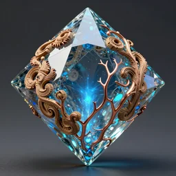 beautiful concept art of a diamond filled with intricate cork carvings and copper veins, blue translucent resin, bioluminescent, ultra realistic, ultra detailed, masterpiece by mc escher and hr giger, 8 k octane render, ambient diffusion, subsurface scattering, trending on artstation, cgstudio