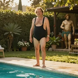 Mike Patton wearing a Speedo, Next to a pool, golden hour, in a garden, artstation, by J. C. Leyendecker and Peter Paul Rubens,