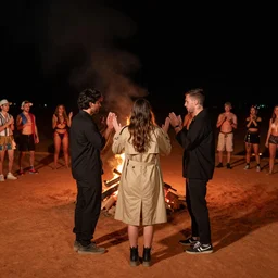 photograph of three ravers, two men, one woman in a trenchcoat blessing the earth, seen from behind, talking around a fire, dancefloor kismet, diverse costumes, clean composition, desert transition area, bonfire, night, australian desert, xf iq 4, symmetry, sony a 7 r, 1 5 0 mp, 5 0 mm