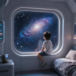 a kid sitting on the ledge of a window in his bedroom in a spaceship, futuristic, detailed, galaxy outside of window, by victo ngai,