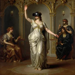 detailed full body of hindu traditional woman blindfolded high - tech vr headset in baroque style, girl graceful,, painting by gaston bussiere, craig mullins, j. c. leyendecker, lights, art by ernst haeckel, john william godward, hammershøi,,