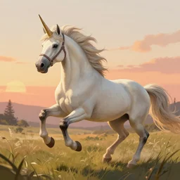 detailed fantasy creature illustration of a unicorn galloping through a grassy field at warm sunset, close - up, trending on artstation, digital art ( by jesper ejsing ) ( by clint cearley ) ( by raluca marinescu )