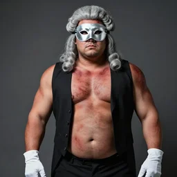 he was a burly man in a gentleman's dress. he wore a gray wig on his head, a silver mask on his face, white gloves on his hands, and his exposed skin was a terrible burn