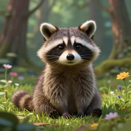 forest, cute funny raccoon with beauty eyes sitting in grass flowers, in the style of craola, shallow depth of field, highly detailed, digital painting, trending artstation, concept art, illustration, cinematic lighting, vibrant colors, photorealism, epic, octane render