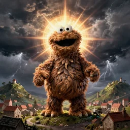 a eldritch god version of Cookie Monster looming over a town with small hills, while a storm rages on