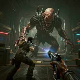 a cyberpunk 2 0 7 7 game realistic graphic firstperson game screenshot of a hp lovecraft monster boss fight in interior in beautiful world, realistic, ultra setting, highly detailed, fps game, game of the year, raytracing on, rtx 3 0 9 0 ti, gta v, death stranding game