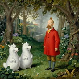 Tintin and Snowy in the Garden of Earthly Delights. Oil painting the style of Hieronymus Bosch, highly detailed, Professor Calculus