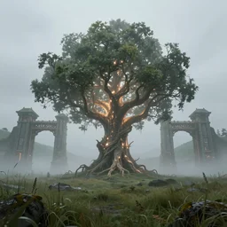 photo of mildly glowing giant ygrdasil tree on a foggy grass field with hills and giant gates in the backgrkund. very detailed, 8k, fantasy cyberpunk horror