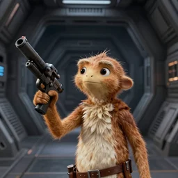 close up of flik ( a bug's life ), holding a blaster, in a still of star wars episode iv a new hope ( 1 9 7 7 ), by george lucas, death star scifi corridor