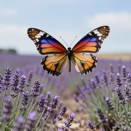 heidi flying over a field of lavender wearing butterfly wings