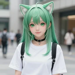 green - haired sporty catgirl, bust portrait, anime, outfit - of - the - day, instagram, street photography, fashion model, fashion model, ootd, idol, flcl cover, yoji shinkawa greg rutkowski craig mullins noah bradley mark arian wlop, selfie, ilya kuvshinov, trending on artstation, very very beautiful, symmetrical, vignette