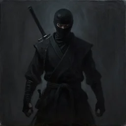 Demon ninja warrior, Acrylic on canvas, low-key lighting, low angle, somber, sinister, doom, haunting