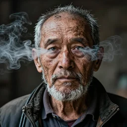 hyper realistic color photo, portrait of a single weathered old man, aesthetic, cables, vapour emerge from their eyes, dramatic lighting and shadow!!, full colour, upscale, 8 k, masterpiece