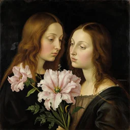 oil painting of a couple of flowers on a dark background, painted by Sandro Botticelli, the flowers are floating and are seen from the side, dark atmosphere, realistic flowers oil painting