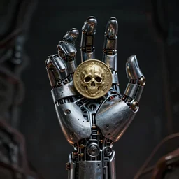 mechanical cybernetic hand holding a coin that's worth 1 human soul in hell. centered. horror cyberpunk dystopia style. highly detailed 8 k. intricate. nikon d 8 5 0 3 0 0 mm. award winning photography.